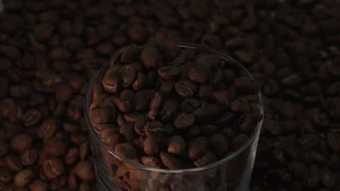 Footage of coffee beans in a clear cup. Light shining from top to bottom Видео 332684532