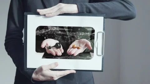 Footage computer graphics and double exposure. A woman holds a tablet with a she Stock Footage 233029951