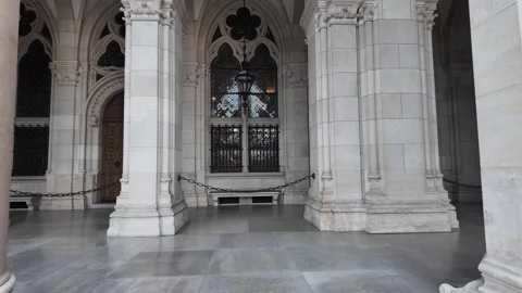 Footage of gothic windows and arches at the Vienna City Hall in Austria Stock Footage 344432641