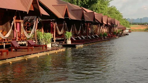 Footage of Kwai river shot while rafting. Kanchanaburi,Thailand Stock Footage 85482186
