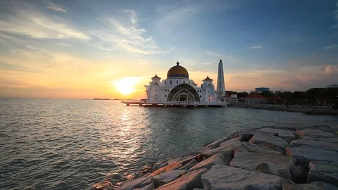 Footage of Malacca Straits Mosque during magnificent sunrise. Stock Footage 100610187