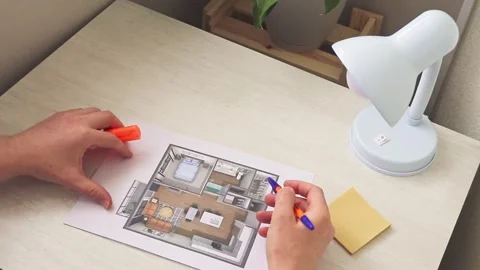 Footage of the Man studies layout of the small, furnished apartment printed.. Stock Footage 309321317