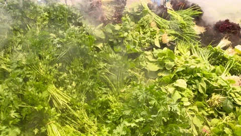 Footage many vegetables sprayed mist in super market. Stock Footage 238763583