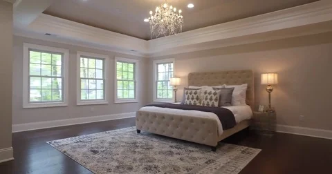 Footage of the Modern Master Bedroom and Bathroom of a New Jersey Home Stock Footage