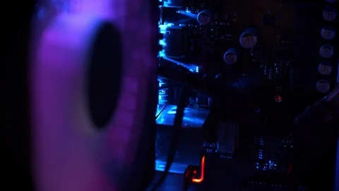 Footage in motion, details of PC from inside, dark blue equipment illustration Video stock 99352685