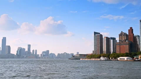 Footage over the vast waterscape of Hudson River. Skyline of New York, USA at Stock Footage 316555853