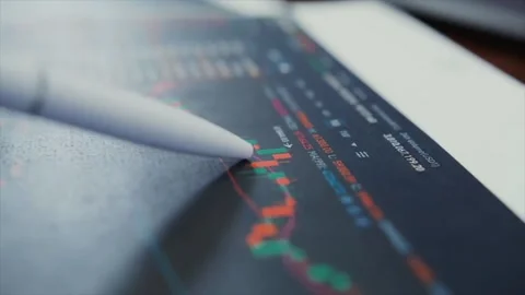 Footage of a pen tip going over cryptocurrency and stocks charts in slow Video stock 280221868