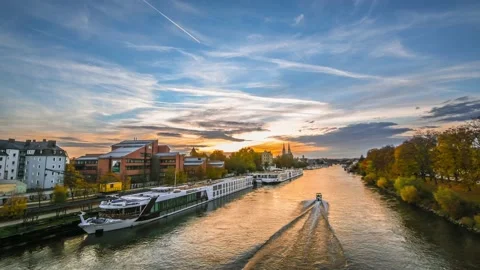Footage Regensburg during sunset with Danube and cathedral Stock Footage