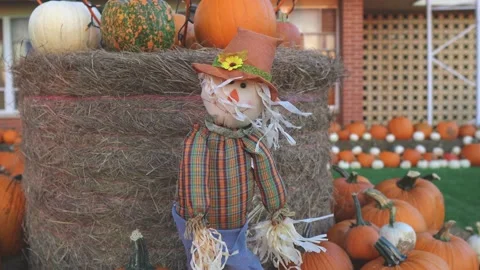 Footage of a scarecrow in a pumpkin patch in front of a church during Halloween 库存影片 218281095