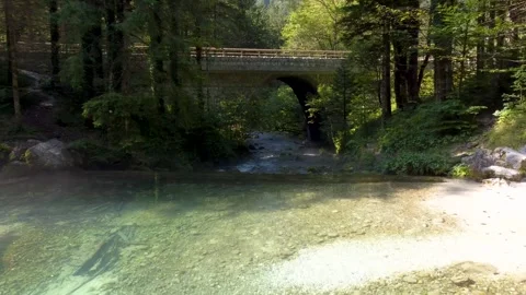 Footage of a Stone Bridge Over the Pristine Kamniška Bistrica River Stock Footage 283376219