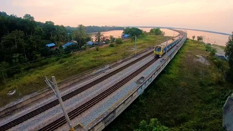Footage of Train On Floating Railway On Slow Motion. Stock Footage 114343003
