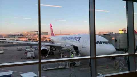 Footage of Turkish Airlines's plane waiting at gate of Frankfurt airport Stock Footage