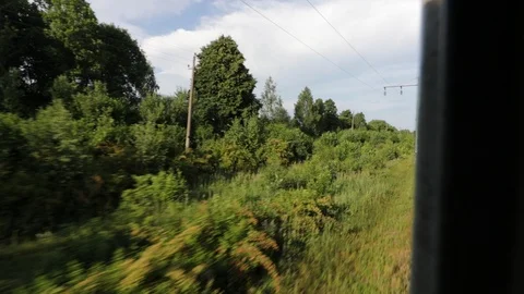 Footage of view through the window of moveing suburban train in summer Vidéo 118042378