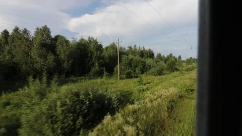 Footage of view through the window of moveing suburban train in summer Vidéo 118042428