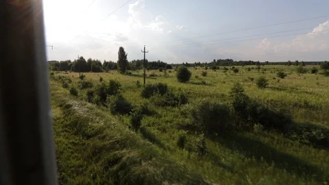 Footage of view through the window of moveing suburban train in summer Vidéo 118042496