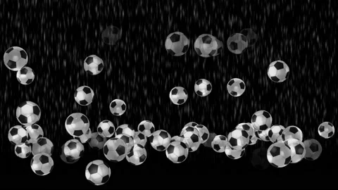Football balls. Rain of objects that fall and bounce off the ground. Animation Stock Footage 155733234