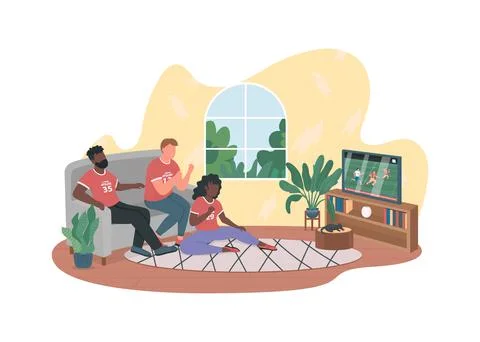 Football fans watch game on TV at home 2D vector web banner, poster Stock Illustration