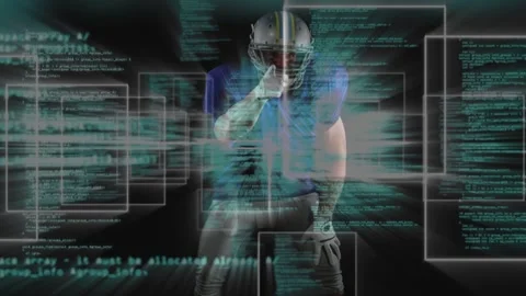 Football player rising, sending code panels streaking, pointing finger, shushing 库存影片 333396906