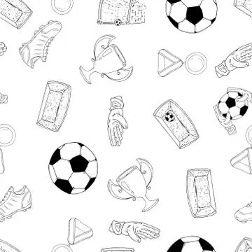 Football set seamless pattern. Vector illustration of a soccer ball, boots, s Illustrazione stock
