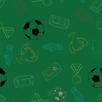 Football set seamless pattern. Vector illustration of a soccer ball, boots, s Stock Illustration