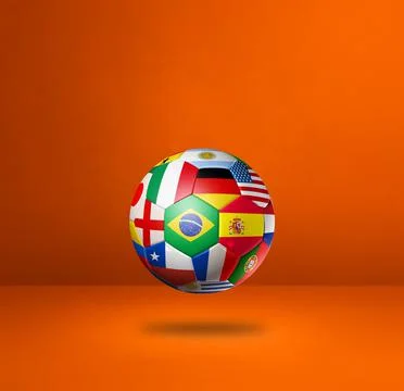 Football soccer ball with national flags on a orange studio background Stock Illustration