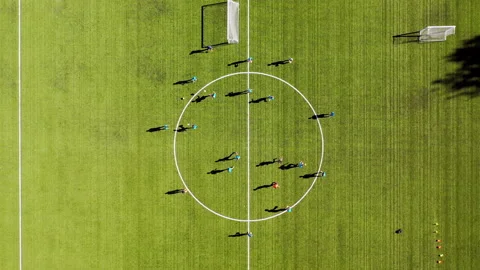 Football training. The team performs exercises in the center of the field. View Stock Footage 199424108