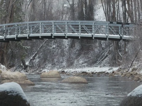 Footbridge over the river during winter Stock Footage 84502332