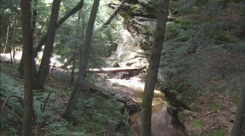 Footbridge over Stream in Cedar Falls Rock Formations Stock Footage 760449