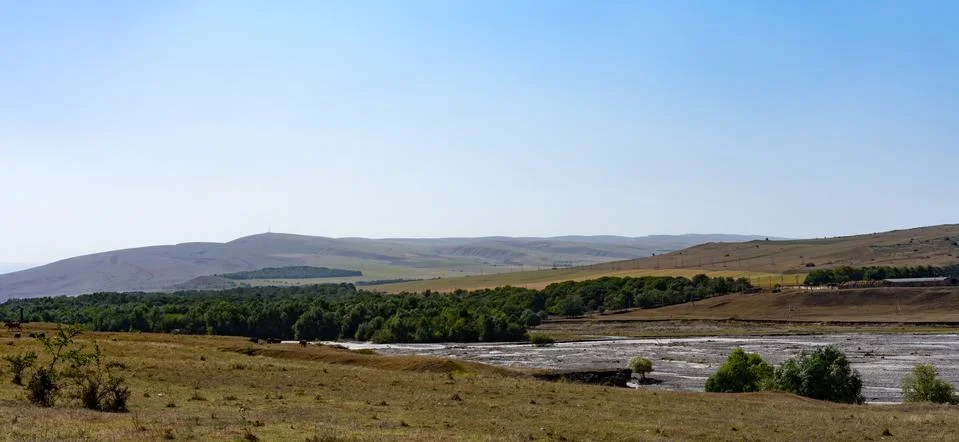 Foothill landscape with river and trees Stock Photos