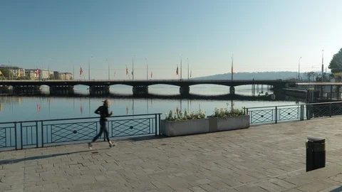 Footing in empty Geneva. Coronavirus time. Stock Footage 129505553