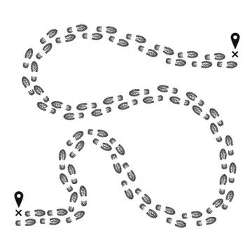 Footprint pathway from one pointer on map to another. Ink silhouette route or Stock Illustration