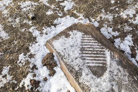 Footprint from the sole of a shoe in the snow Stock Photos