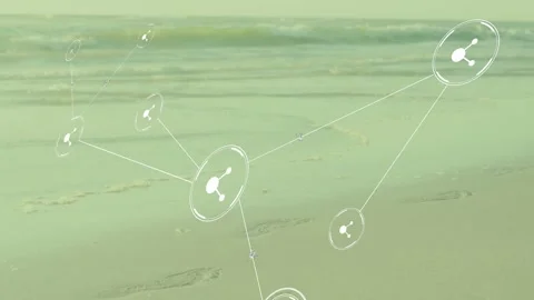 Footprint-triggered node appearing above sand nodes fading linking growing Stock Footage 334368928