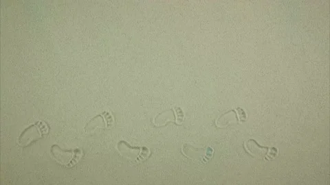 Footprints appear on sand background. Minimalistic banner of walking on sand Stock Footage 194432043