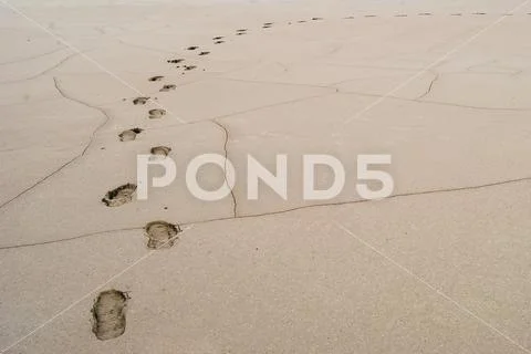 Footprints in deep soft sand curve to the right. Stock Photos