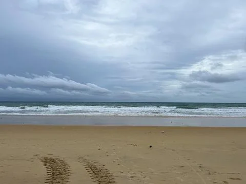 Footprints in the sand on the beach with cloudy sky background. Stock Photos