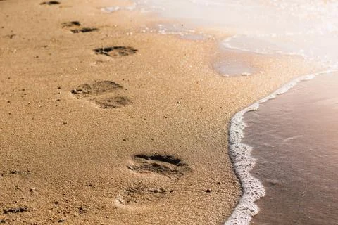 Footprints on the sand on the coast Stock Photos