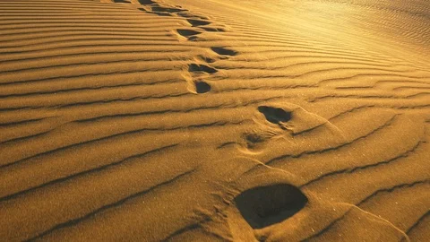 Footprints on sand of dune in desert during evening. Steadicam shot, 4K Stock-Footage 129796460