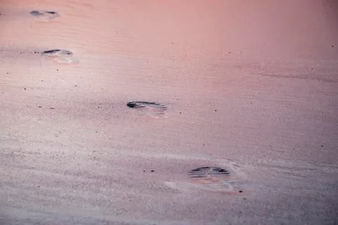 Footprints in the sand at sunset Stock Photos