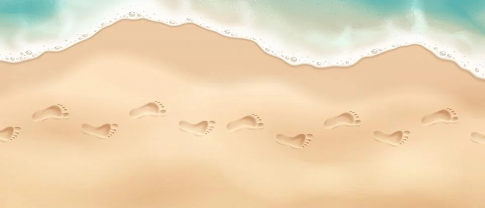 Footprints on Sandy Beach with Ocean Waves Stockillustratie