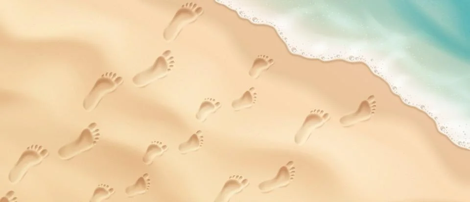 Footprints on Sandy Beach with Waves Stock Illustration