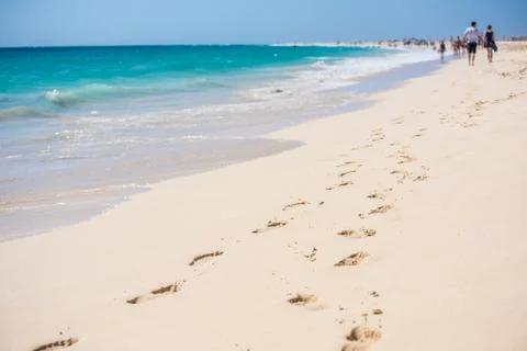 Footsteps of a couple on the beach in Sal, Cape Verde, Africa 스톡 사진