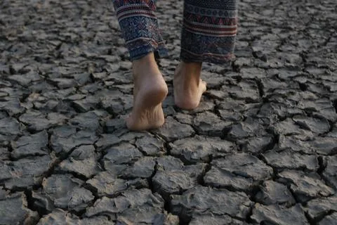 Footsteps on cracked ground Stock Photos