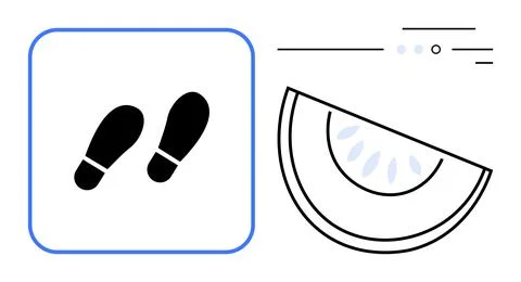 Footsteps Inside a Blue-outlined Square and Melon Slice with Seeds and Line.. Stock Illustration