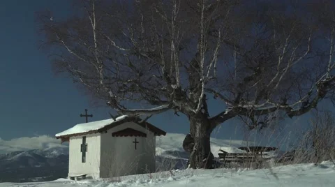 Footsteps Snow Mountain Church Grass 4K Stock Footage 59771680