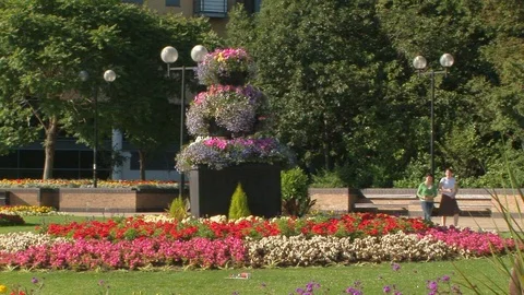 Foral display and lampposts at the Queen’s Gardens in the city of Hull, UK Stock Footage 103291010