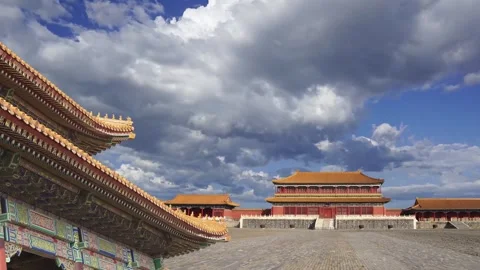 Forbidden City (against the sky with clouds), Beijing, China -- with zoom Stock Footage 345425470