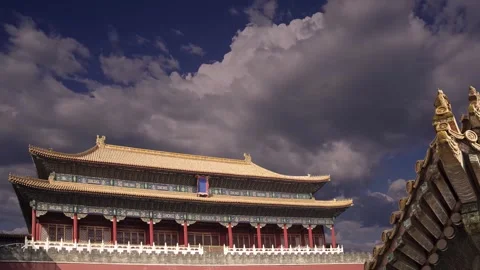Forbidden City (against the sky with clouds), Beijing, China -- with zoom Stock Footage 345425800