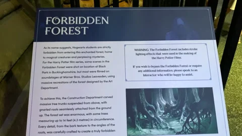 "Forbidden Forest" information plaque in the Harry Potter Studio Tour Stock Footage 324819633