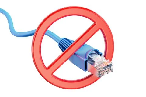 Forbidden sign with network computer cable, 3D rendering Stock Illustration